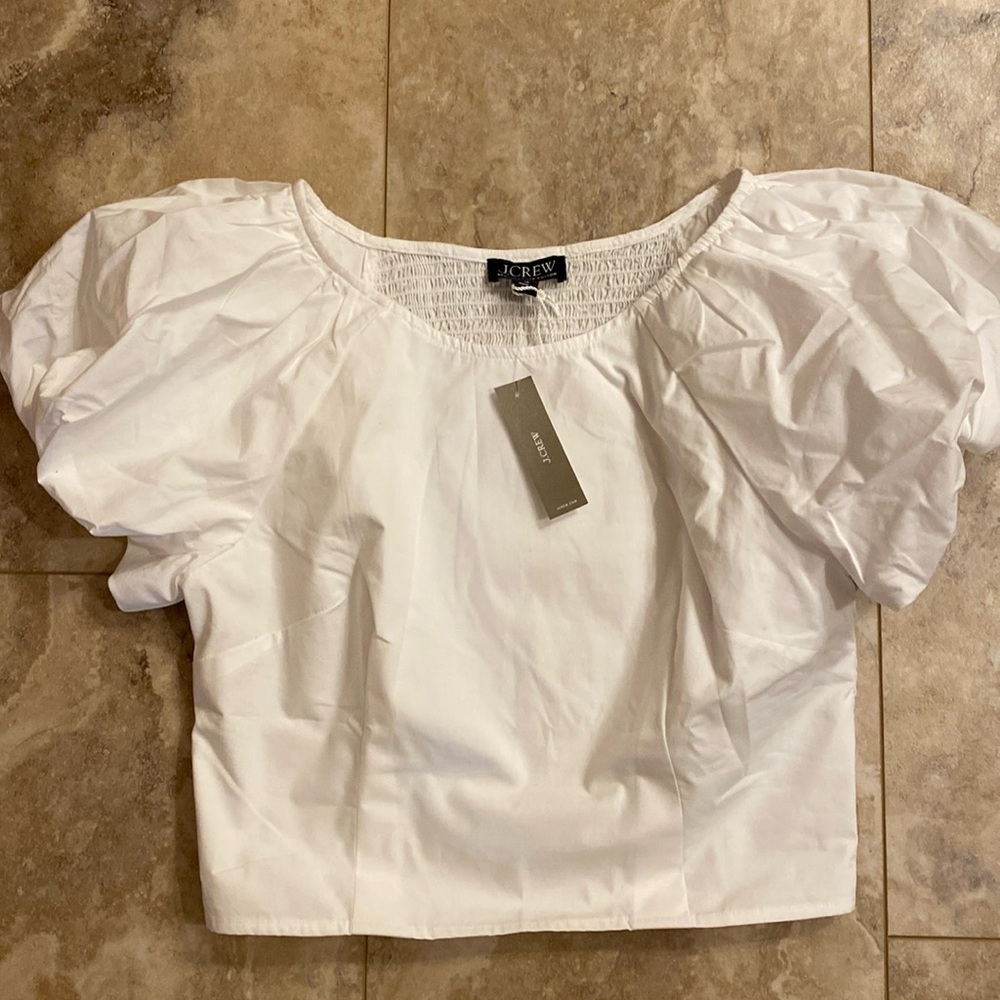 White J Crew fitted puff sleeve top